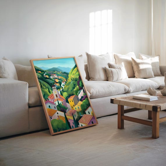 Midcentury Modern Hill Town Poster 48 Gouache Art Vibrant Dreamy Palette Detailed Artwork Trend
