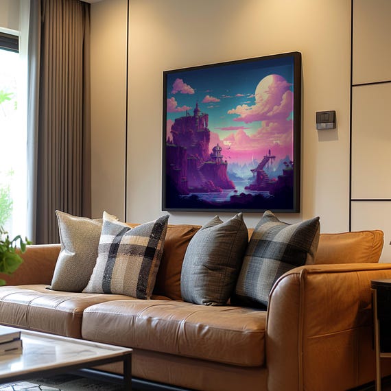 Castle On Cliff Retrofuturism Maximalist Poster Overlooking Sea Birds In Sky Pixel Art Illustration Pal