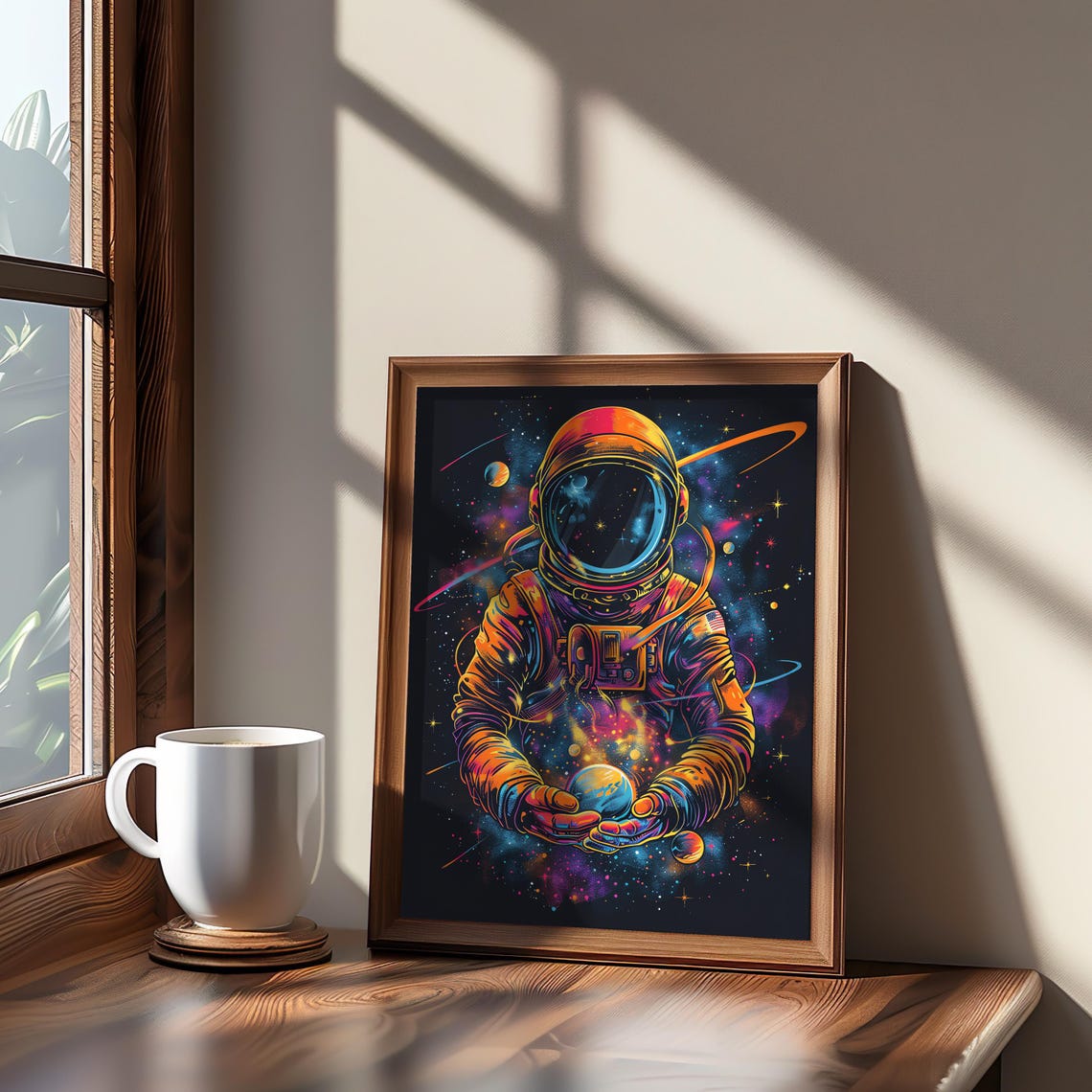 Astronaut Holding Planet Neon Psychedelic Galaxy Space Art Poster
