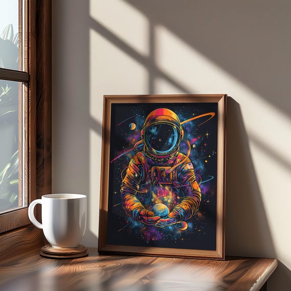 Astronaut Holding Planet Psychedelic Retrofuturism Art Vector Illustration Cosmic Stars Planets Background Space Poster