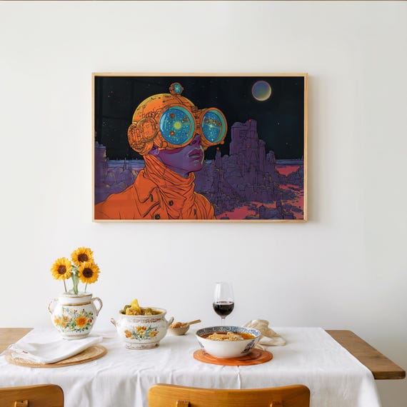 Retrofuturism Desert Poster Psychedelic Pixel Art Neon Cool Tones Print Scifi Illustration