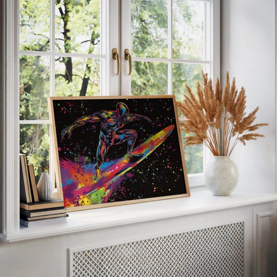 Psychedelic Surfboard Art Splatter Paint Style Comic Book Inspired Neon Colors High Vibe Wall Decor Pop Culture