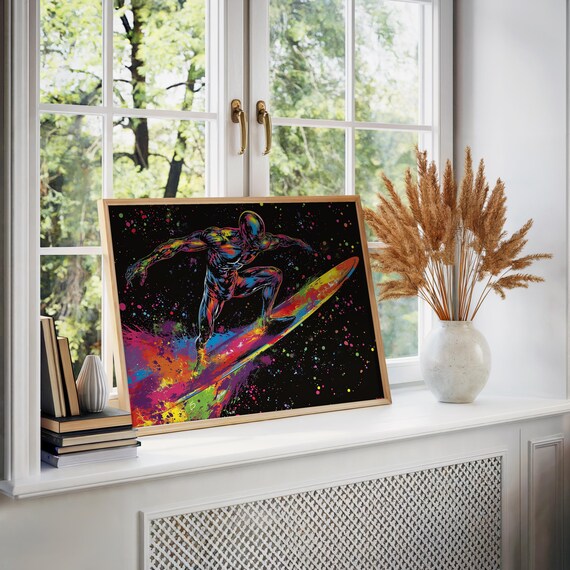 Psychedelic Surfer Splatter Paint Neon Rainbow Surfboard Art Poster