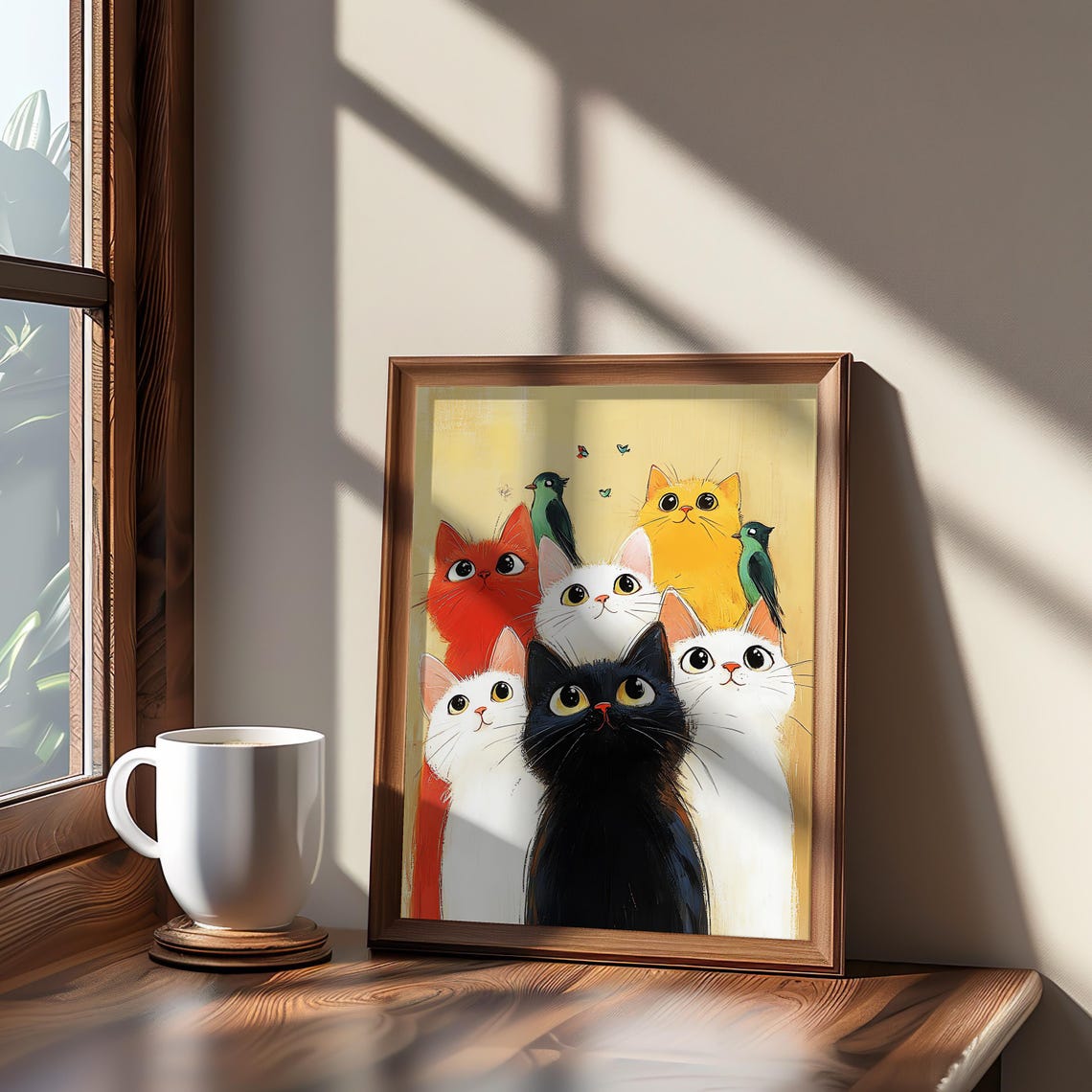 Cute Cats Looking Up Colorful Gouache Playful Cat Art Poster