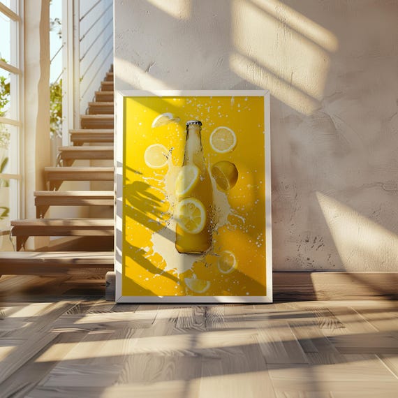 Lemonade Bottle Falling Lemon Slices Photorealistic Halftone Poster Vibrant Colors High Contrast 3d Rendering Art 20 X 28