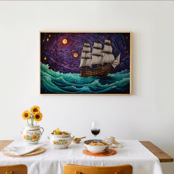 Psychedelic Ocean Ship Vibrant Colors Cool Tones Maximalist Style Airbrush Gouache Art Full Moon Backdrop