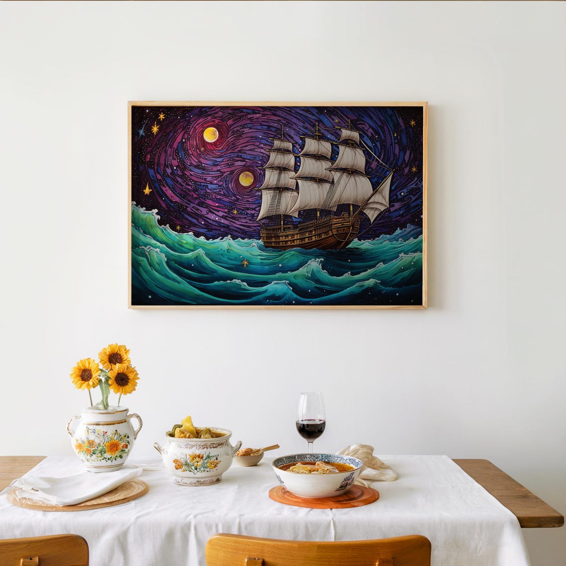 Psychedelic Ocean Ship Vibrant Colors Cool Tones Maximalist Style Airbrush Gouache Art Full Moon Backdrop