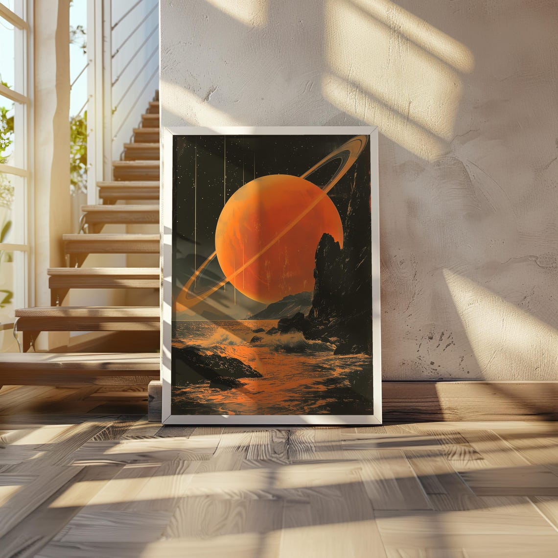 Saturn Vision Retrofuturism Art Synthwave Illustration Cinematic Dreamy Sepia Tones Warm Screen Print Poster 20 X 28