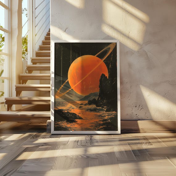Saturn Vision Retrofuturism Art Synthwave Illustration Cinematic Dreamy Sepia Tones Warm Screen Print Poster 20 X 28
