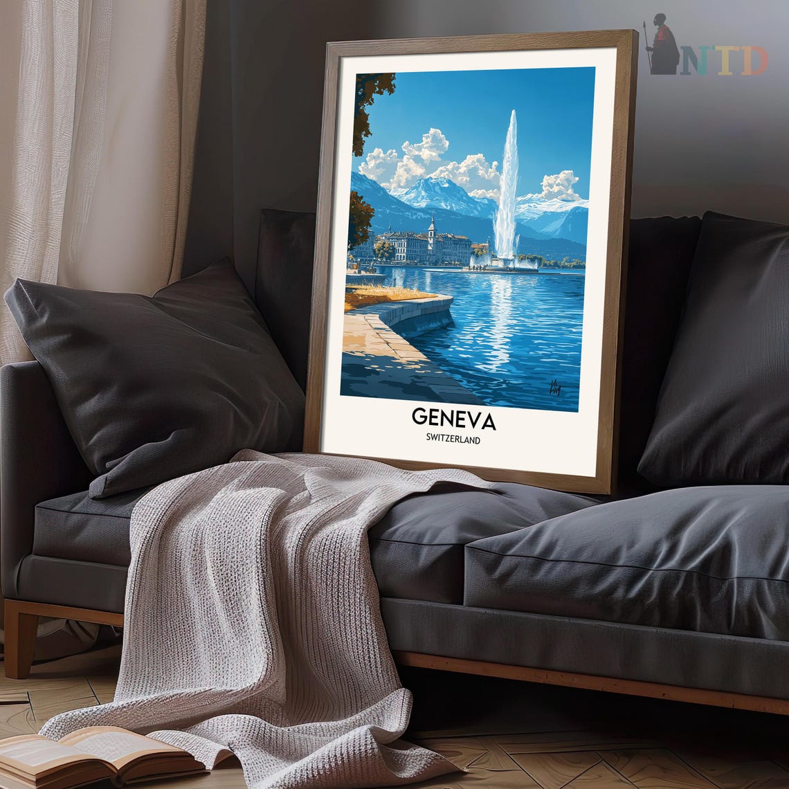 Geneva Jet dEau Fountain and Lake with Snowy Alps Beyond Poster - Image 3