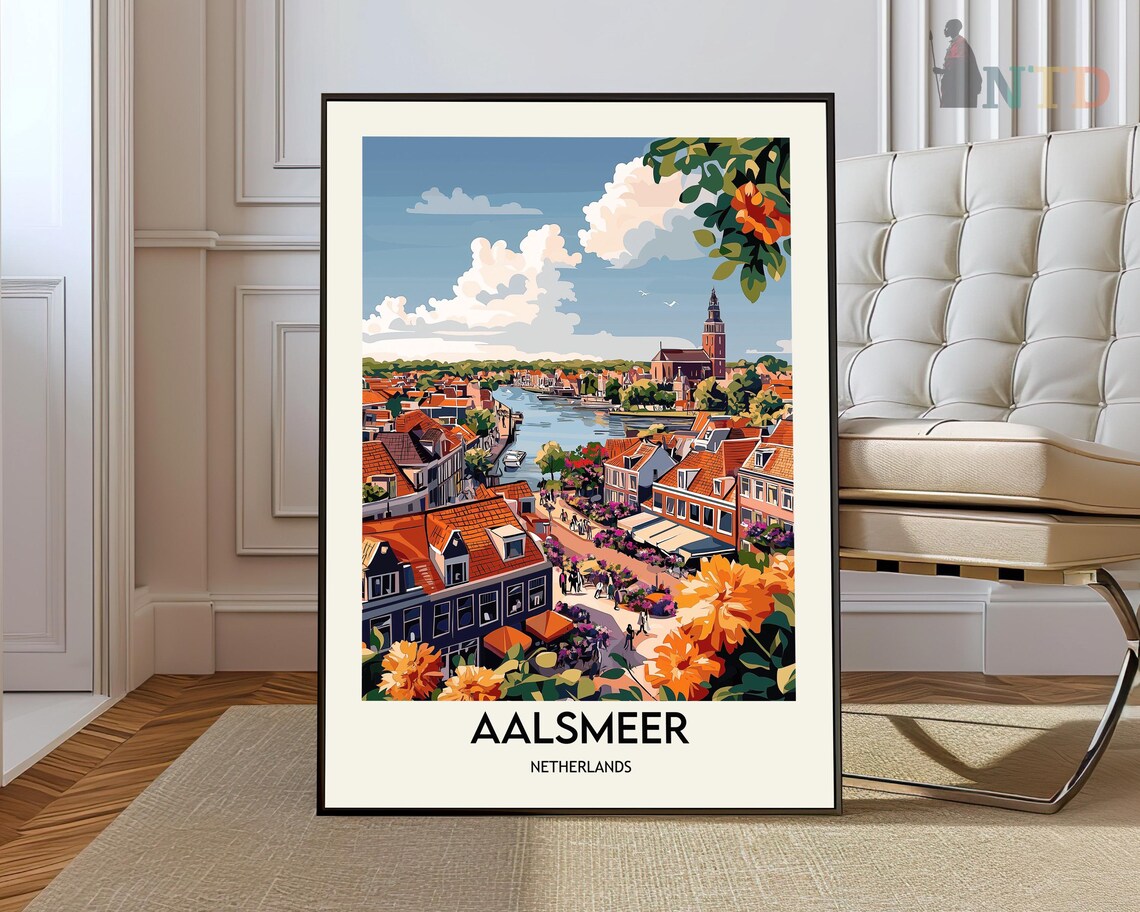 Aalsmeer Netherlands Flower Market Travel Poster Canal Town Scene Art