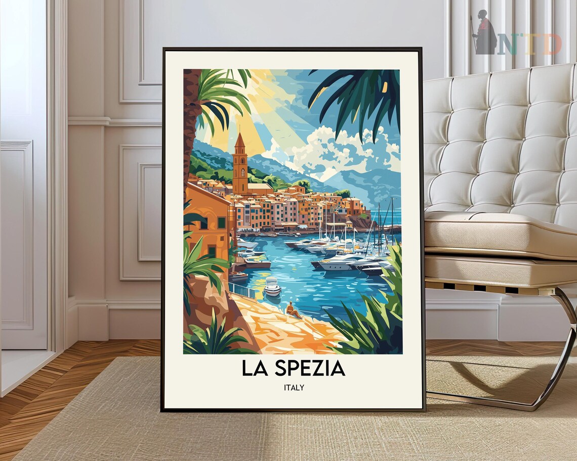La Spezia Italy Sailboat Harbor Coastal Town Palm Trees Travel Poster