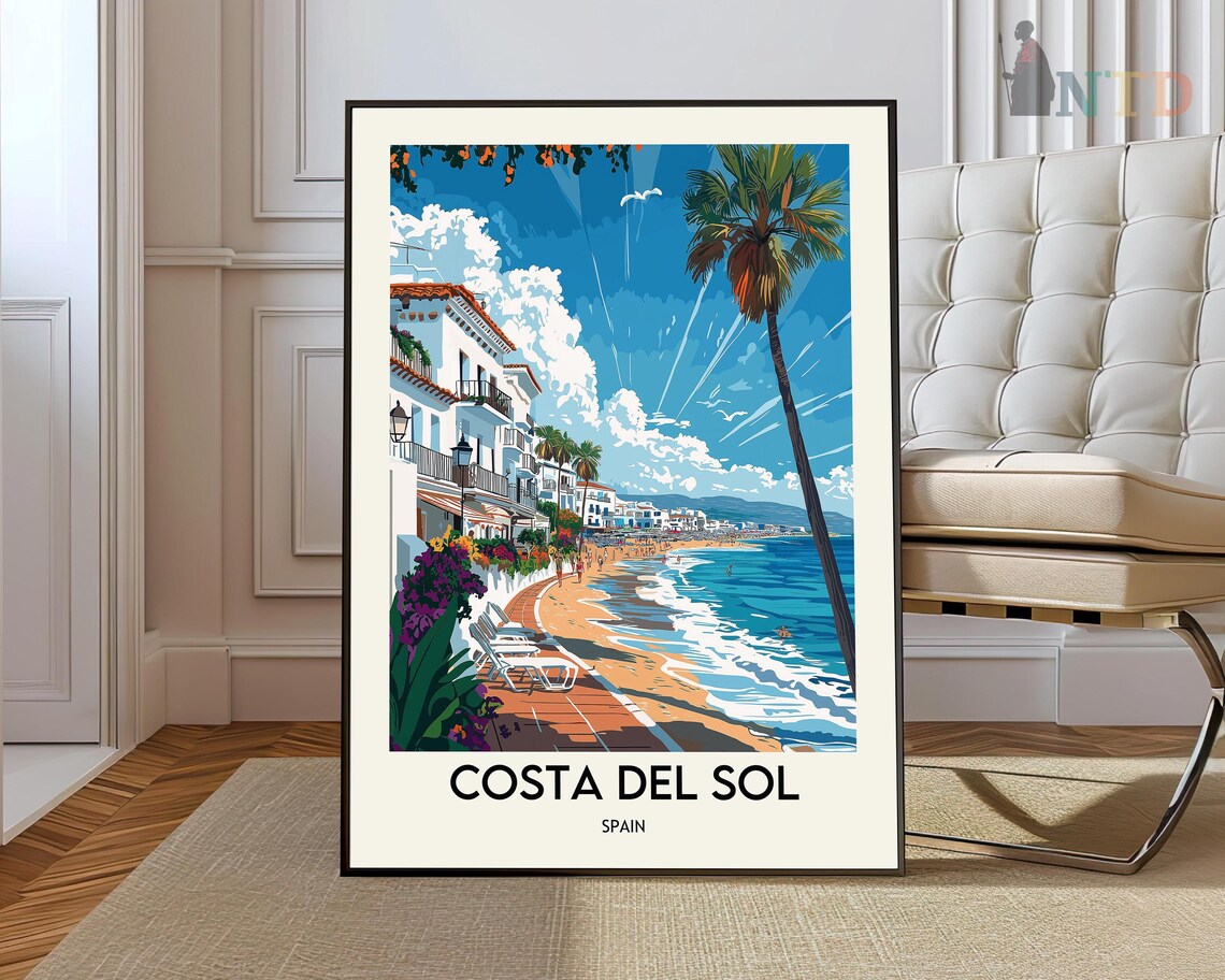 Costa del Sol Spain Beach Promenade Palm Tree Vintage Travel Poster