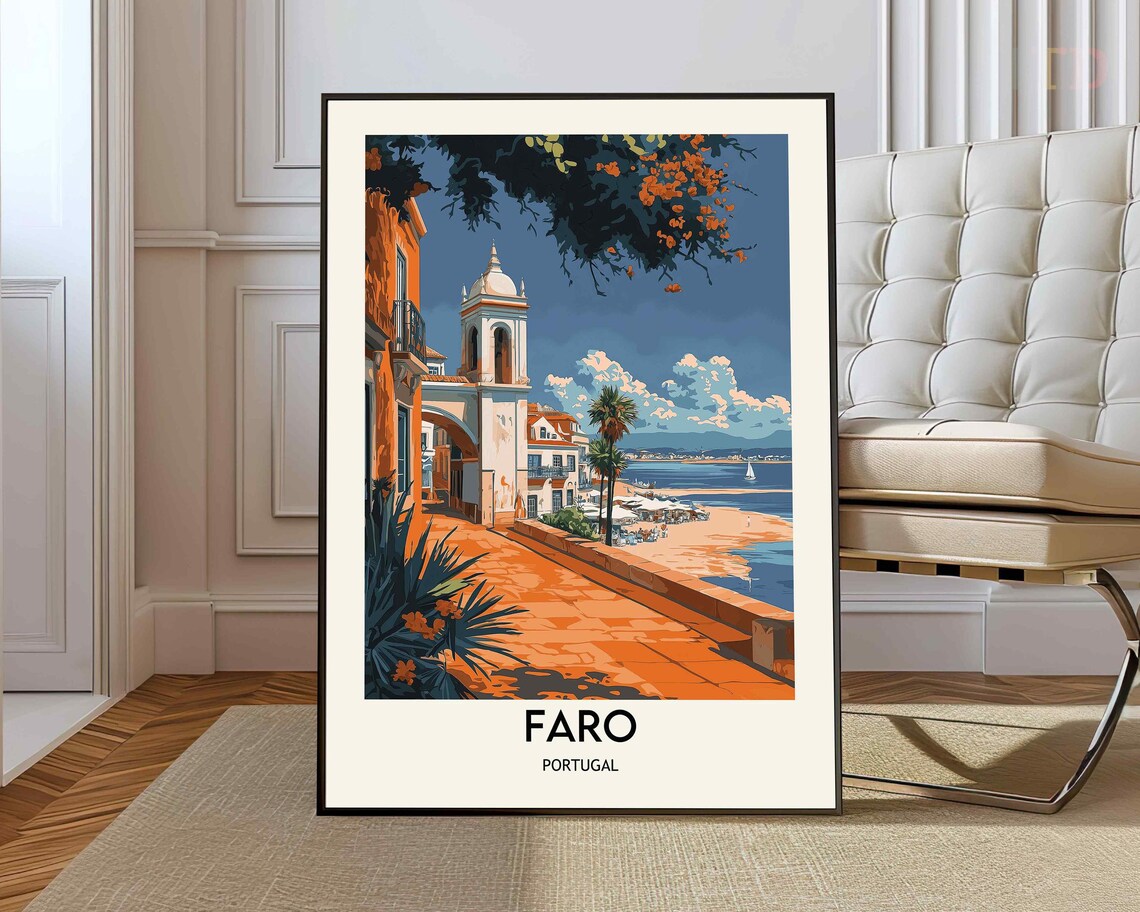 Faro Portugal Algarve Seaside Promenade Retro Vintage Travel Poster