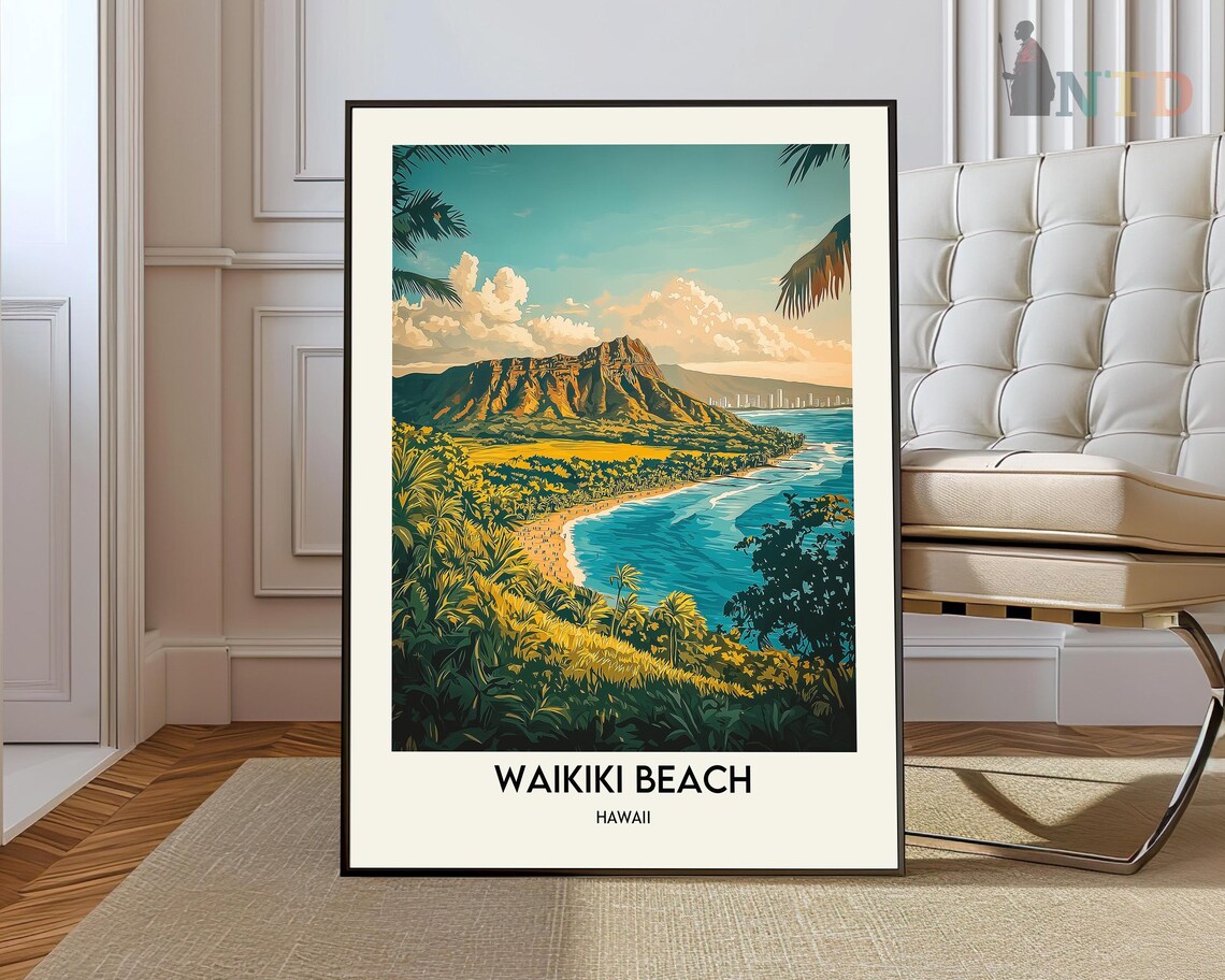 Waikiki Beach Hawaii Diamond Head Lush Hillside Travel Poster