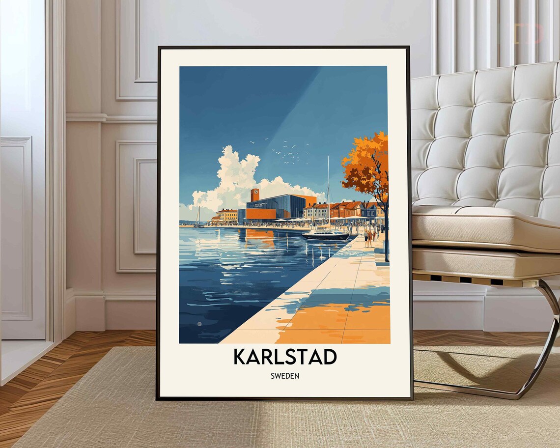 Karlstad Sweden Waterfront Harbor Retro Vintage Travel Poster