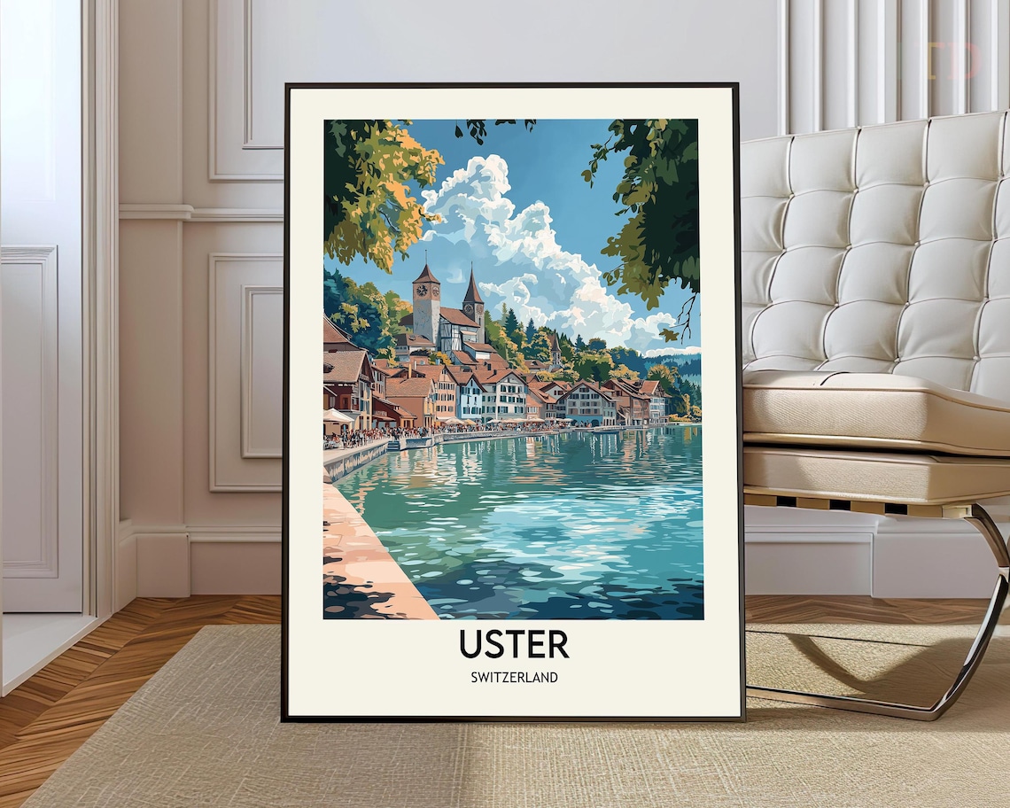 Charming Uster Switzerland Lakeside Old Town Vintage Travel Poster
