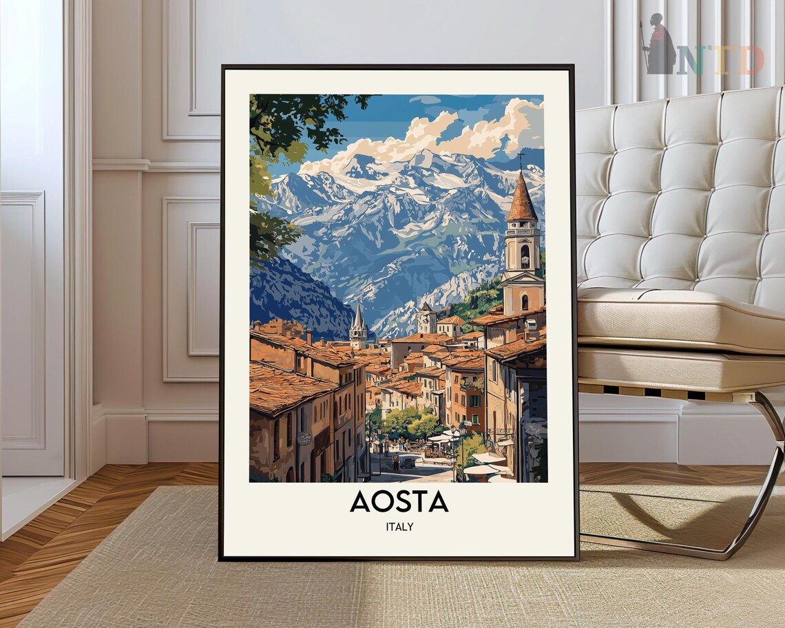 Aosta Italy Snowy Alps Mountain Town Bell Tower Travel Poster