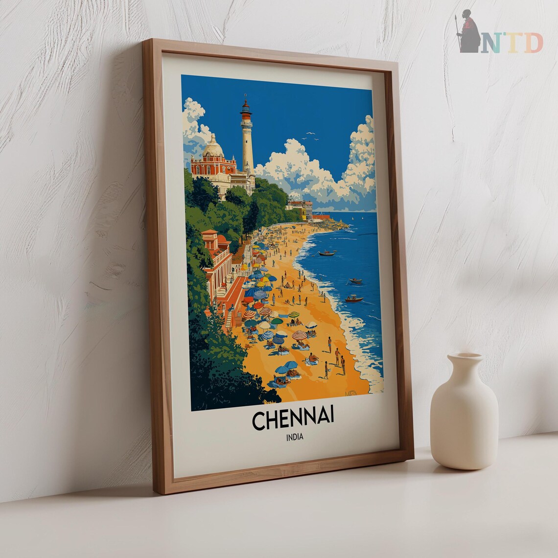 Chennai India Marina Beach Lighthouse Umbrellas Coastline Poster - Image 2