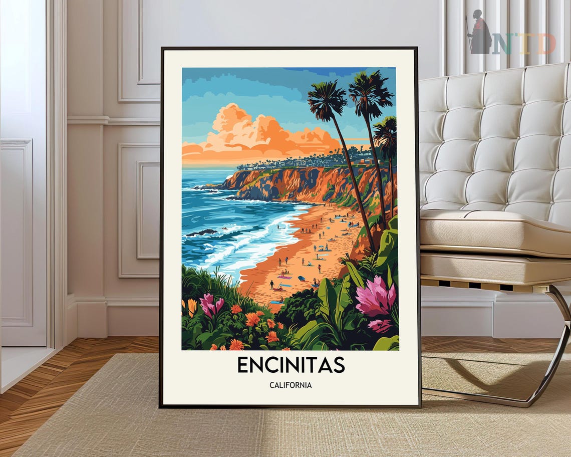 Encinitas California Coastal Cliffs Sunset Surf Travel Poster