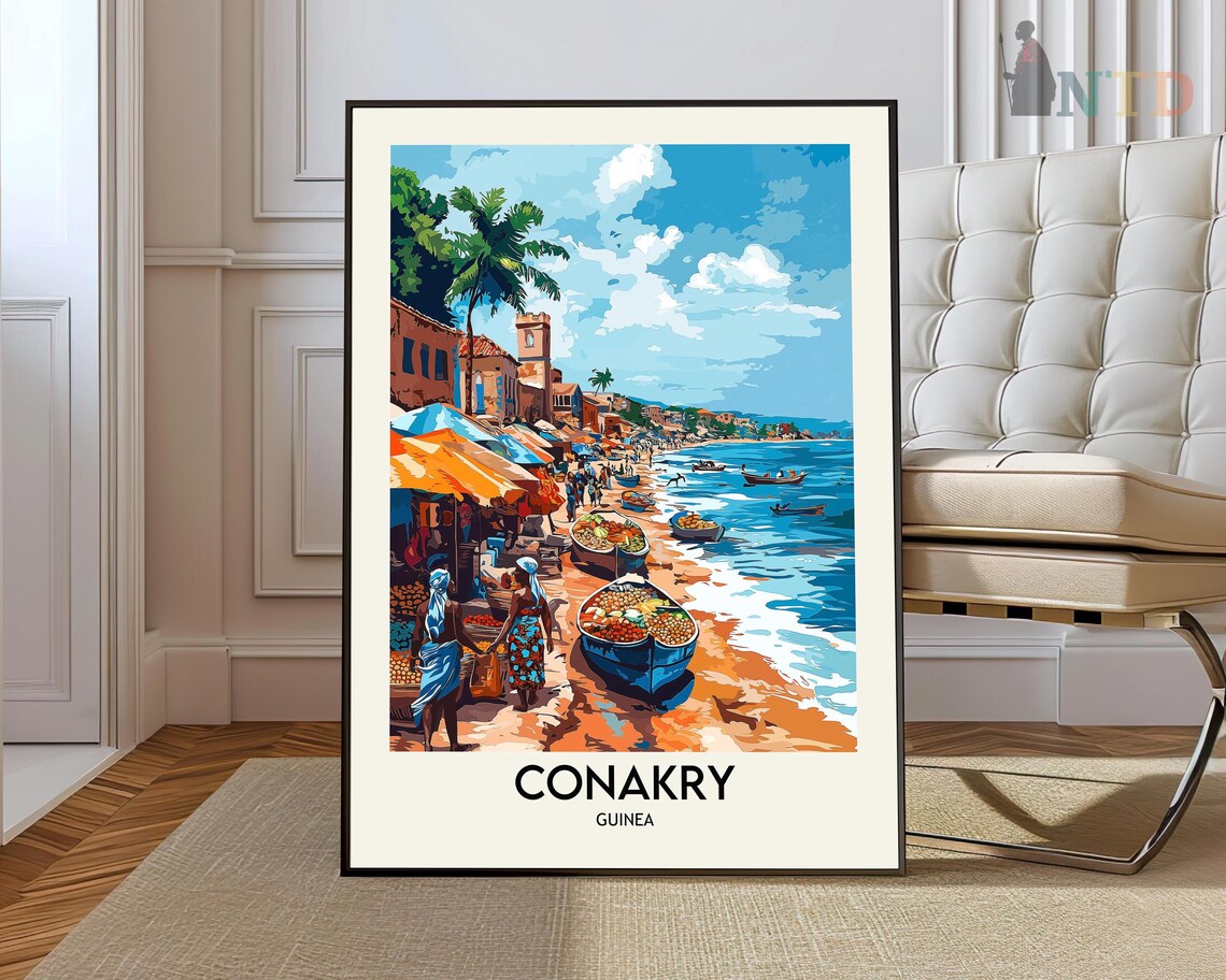 Conakry Guinea Beach Market Boats Colorful Africa Travel Poster