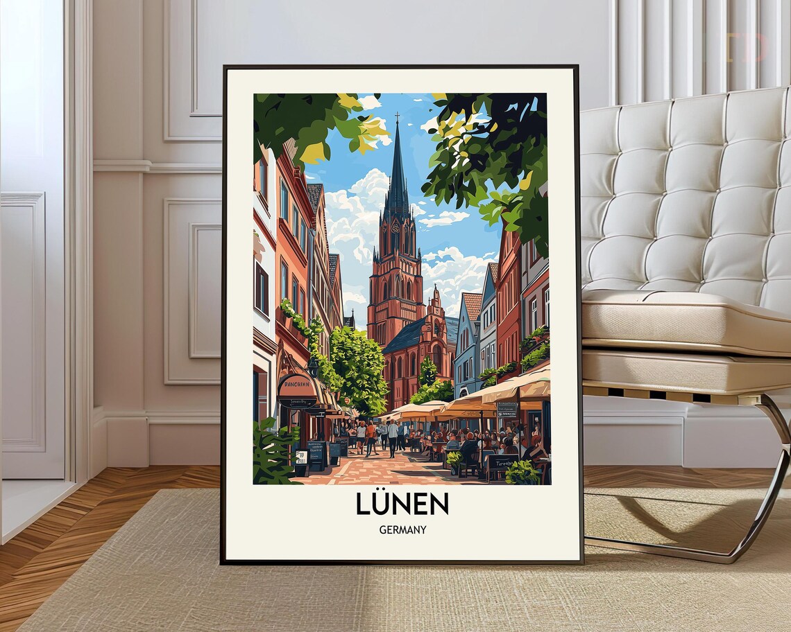 Lunen Germany Old Town Church Street Vintage Travel Art Poster
