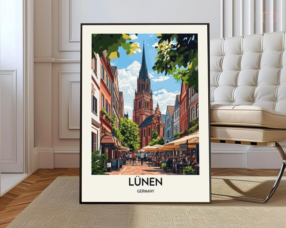 Lunen Germany Old Town Church Street Vintage Travel Art Poster