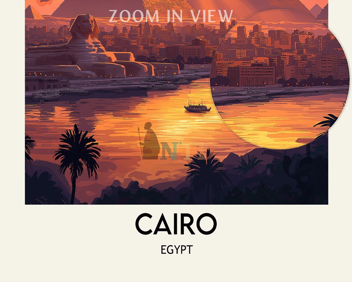 Cairo Sunrise Over the Pyramids and the Nile with Palm Trees Poster - Image 2