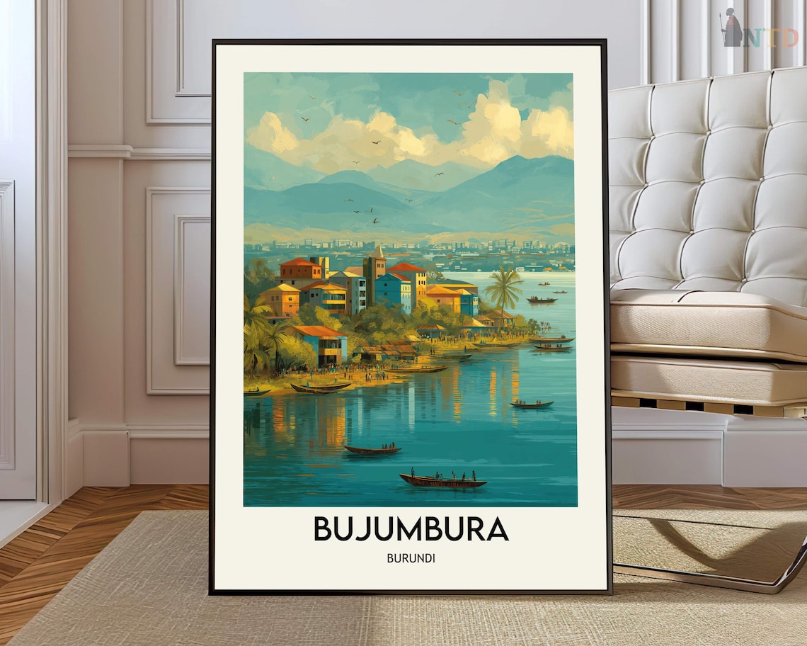 Bujumbura Burundi Waterfront Poster Canoes Lake Sunset Travel Art