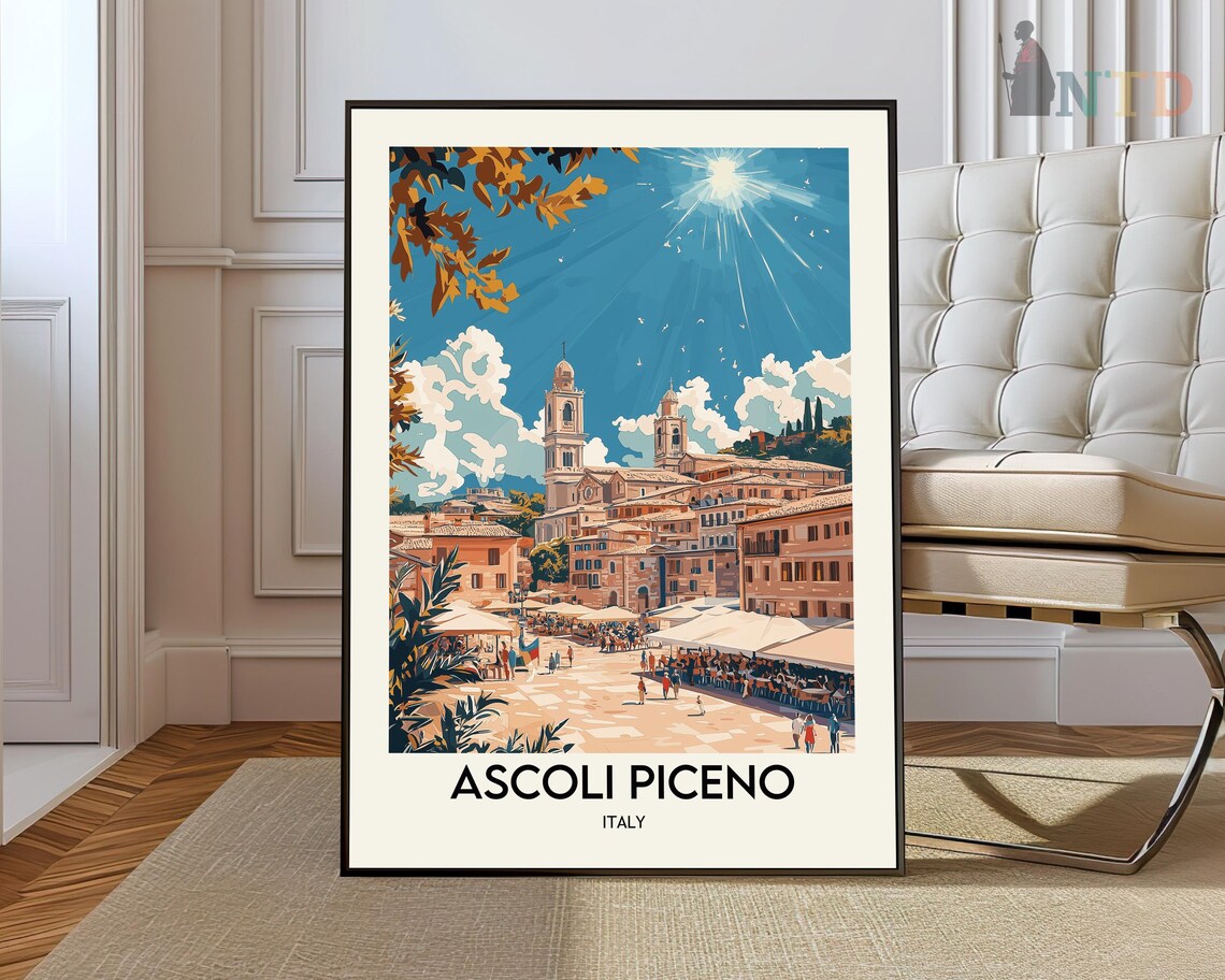 Ascoli Piceno Italy Travel Poster Sunny Piazza Vintage Illustration