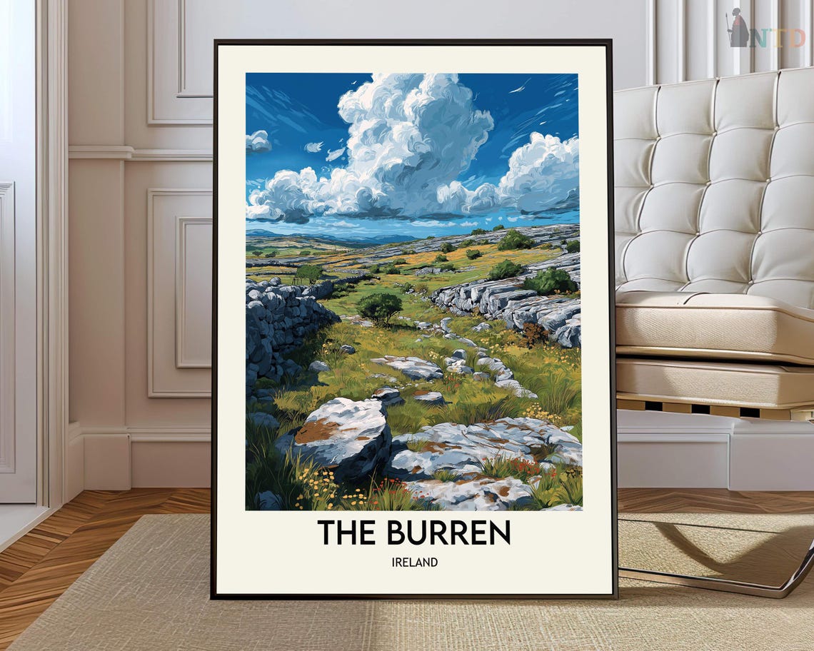 The Burren Ireland Limestone Pavement Dramatic Clouds Travel Poster