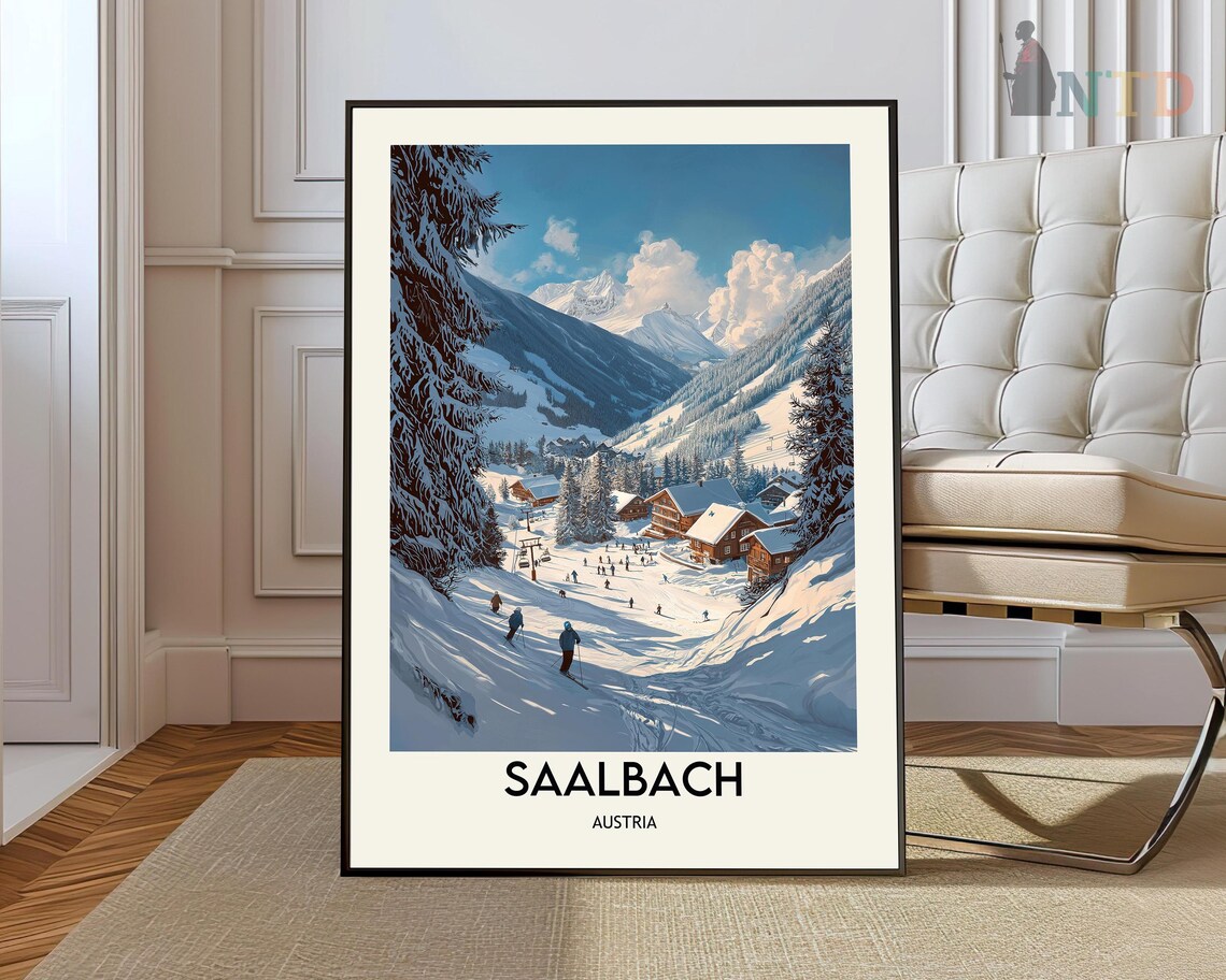 Saalbach Austria Alpine Ski Village Vintage Style Retro Travel Poster