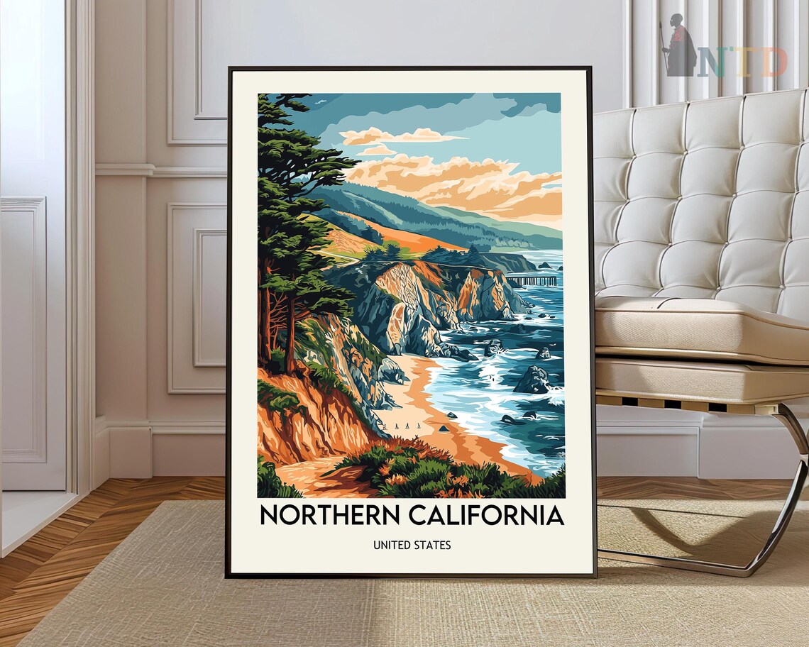 Northern California Rugged Coast Cliffs Retro Vintage Travel Poster