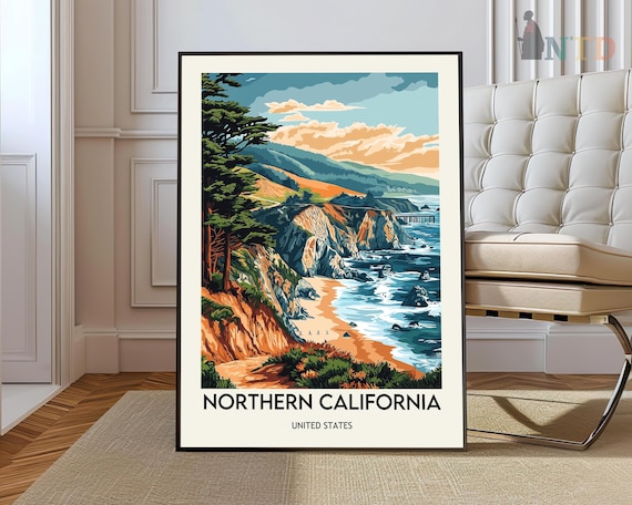 Northern California Rugged Coast Cliffs Retro Vintage Travel Poster