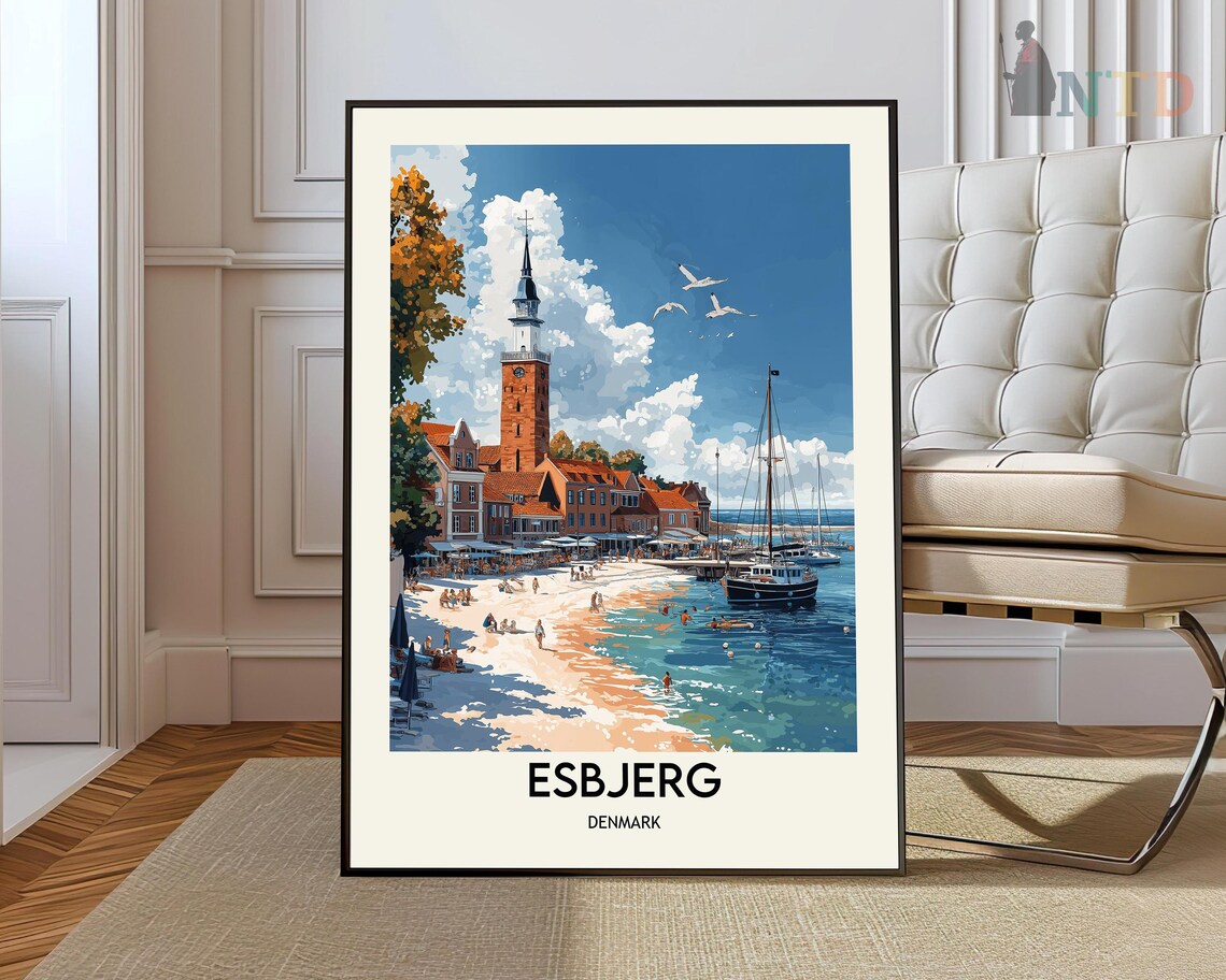 Esbjerg Denmark Harbor Beach Vintage Travel Poster Scandinavian Coast