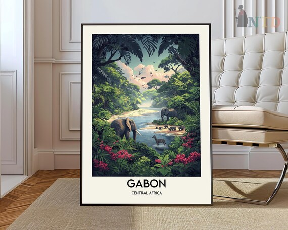 Gabon Central Africa Jungle River Elephants Wildlife Travel Poster