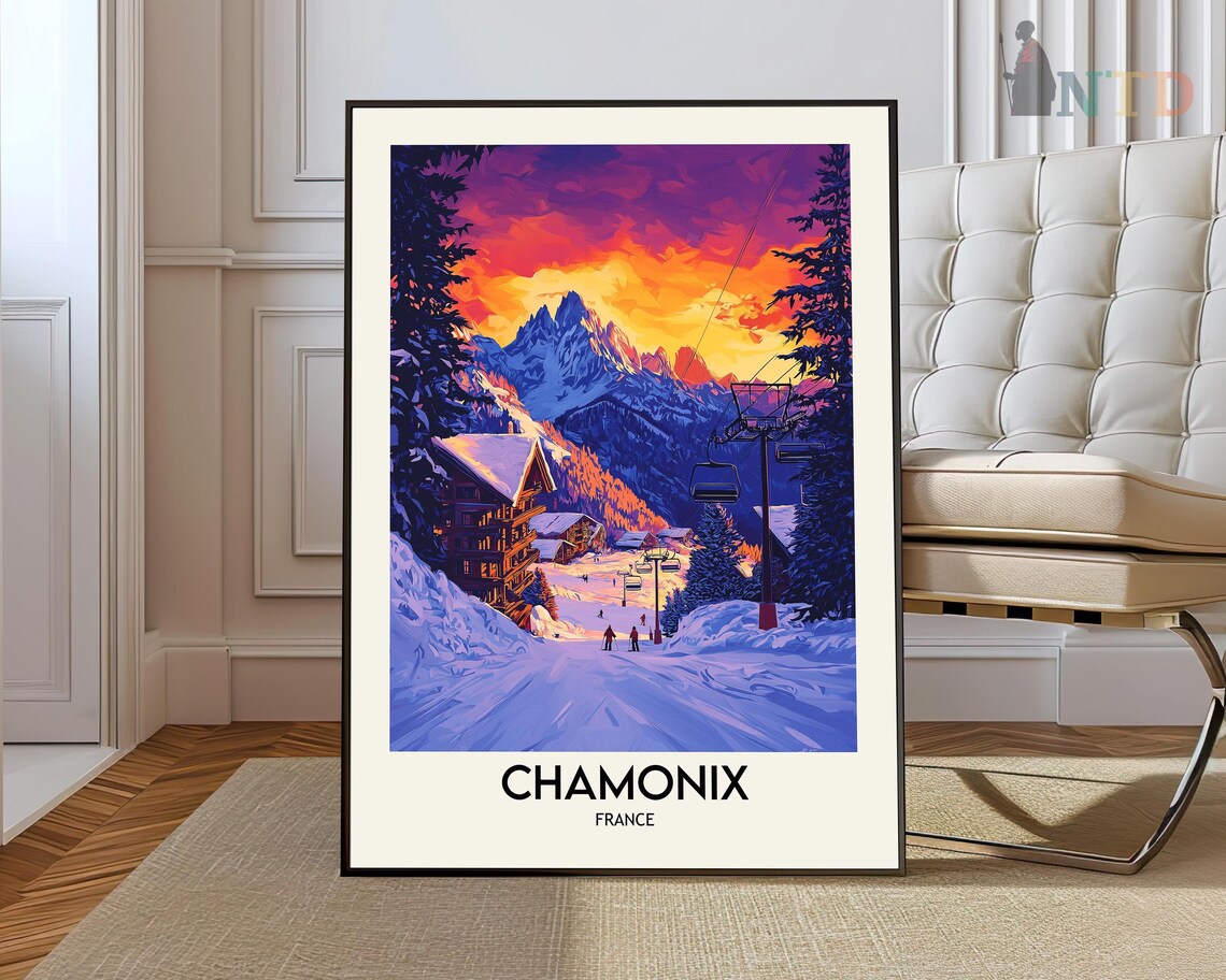 Chamonix Sunset Ski Slopes Alpine Mountain France Travel Poster