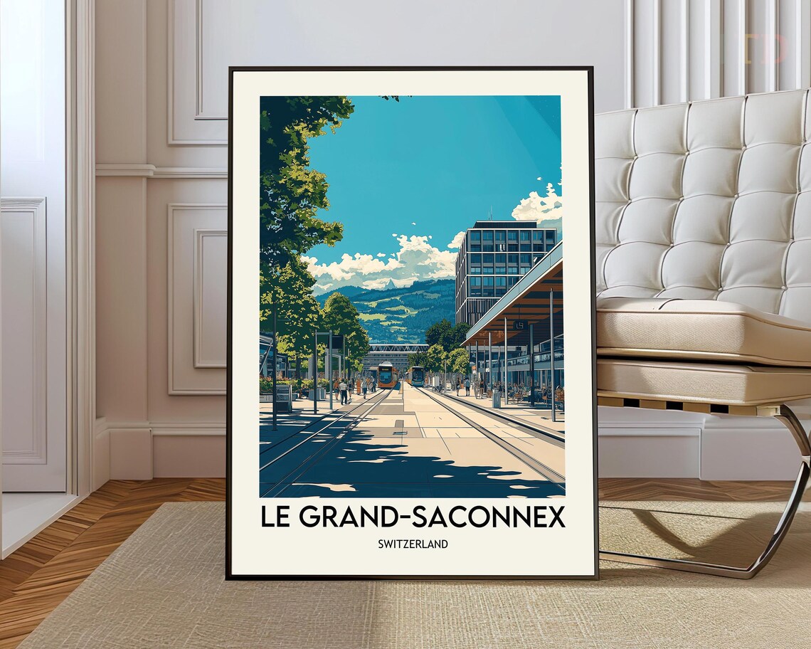 Le Grand Saconnex Switzerland Travel Poster With Tram Station View