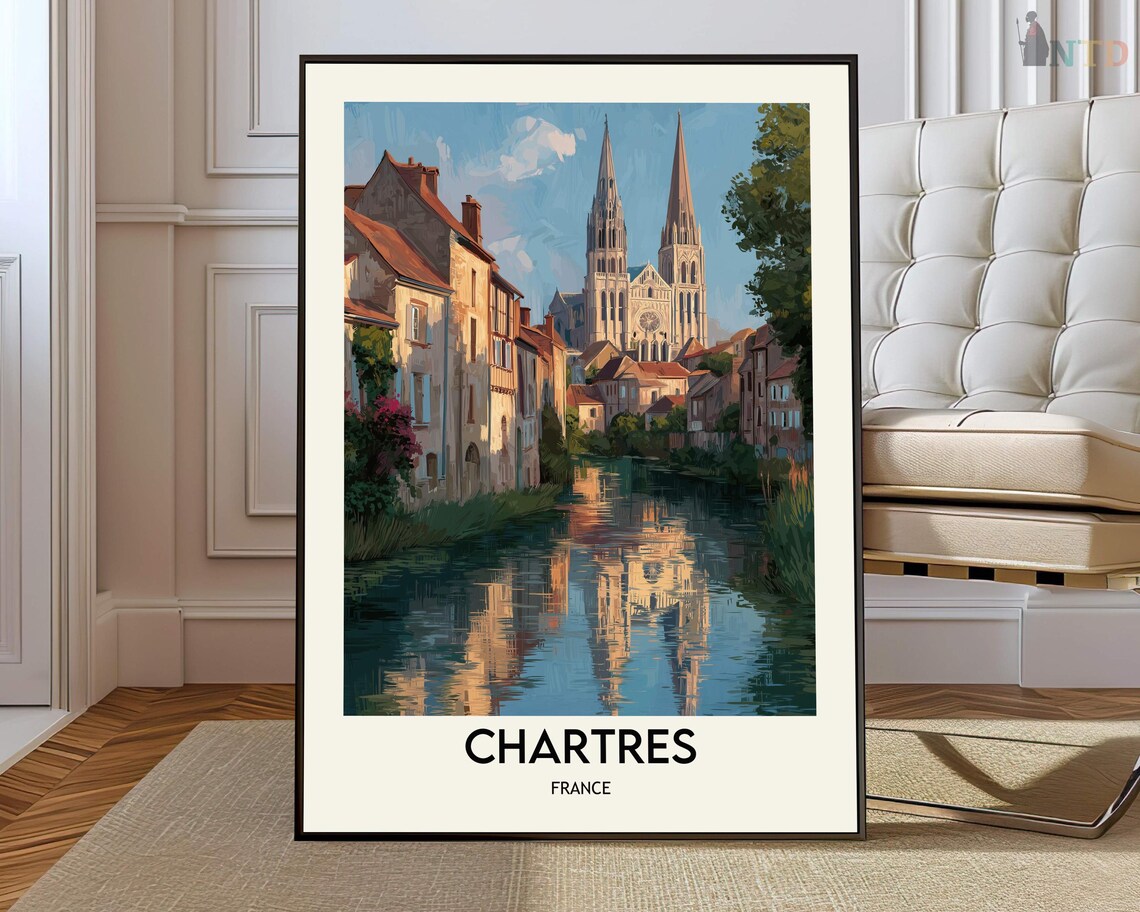 Chartres France Cathedral Reflected In Calm Evening River Poster