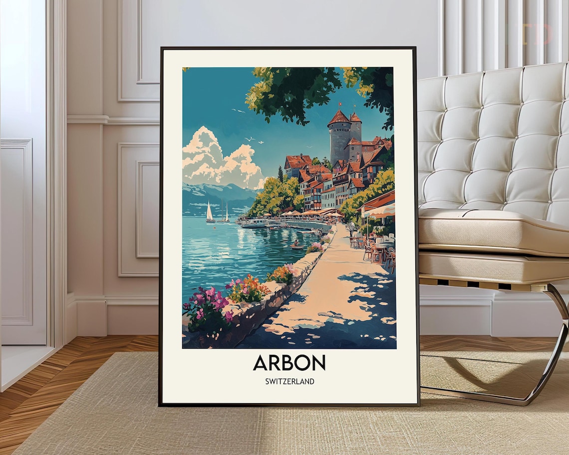 Arbon Switzerland Lakeside Travel Poster Painted Old Town Harbor Art