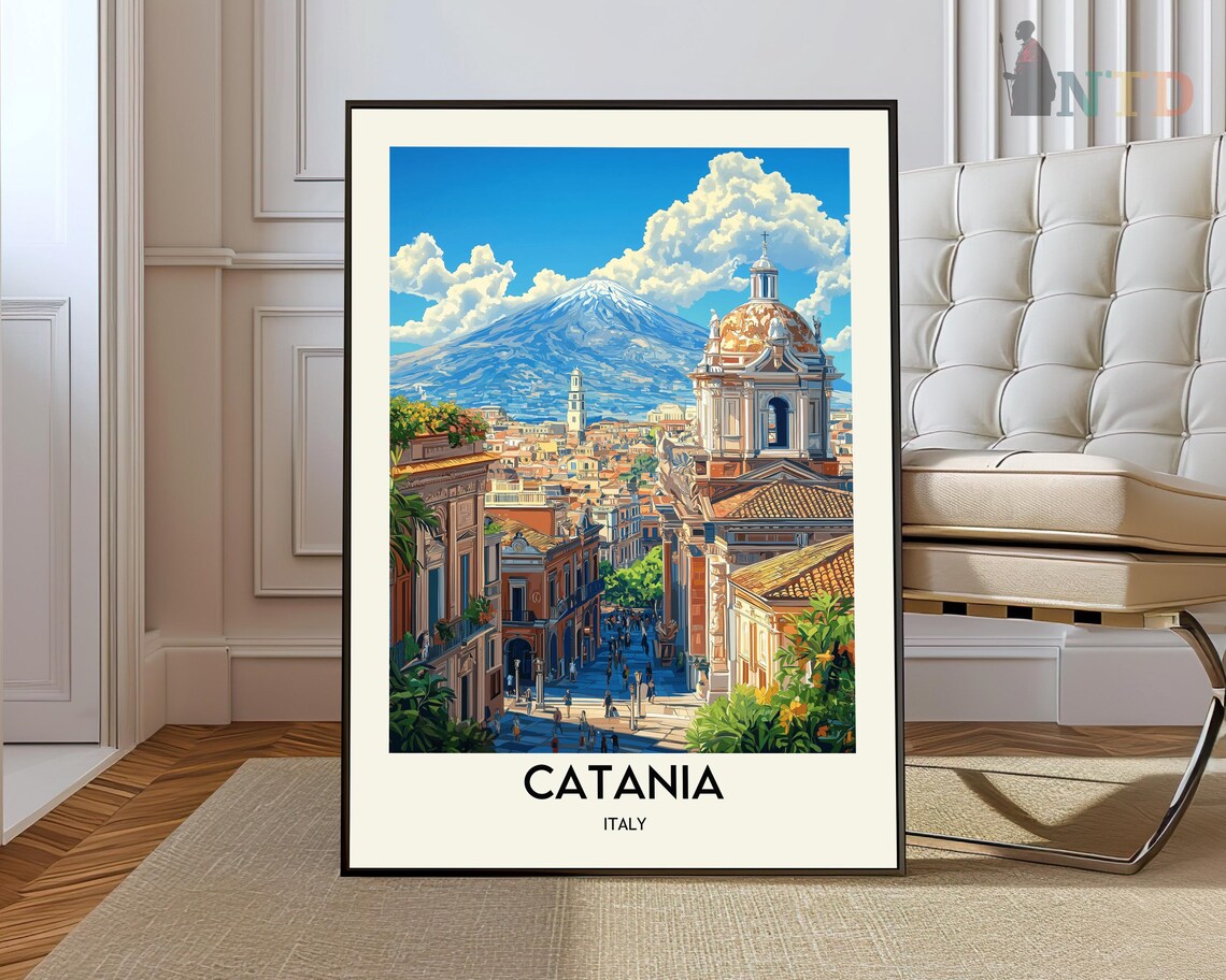 Catania Italy Travel Poster Mount Etna Volcano City Street View