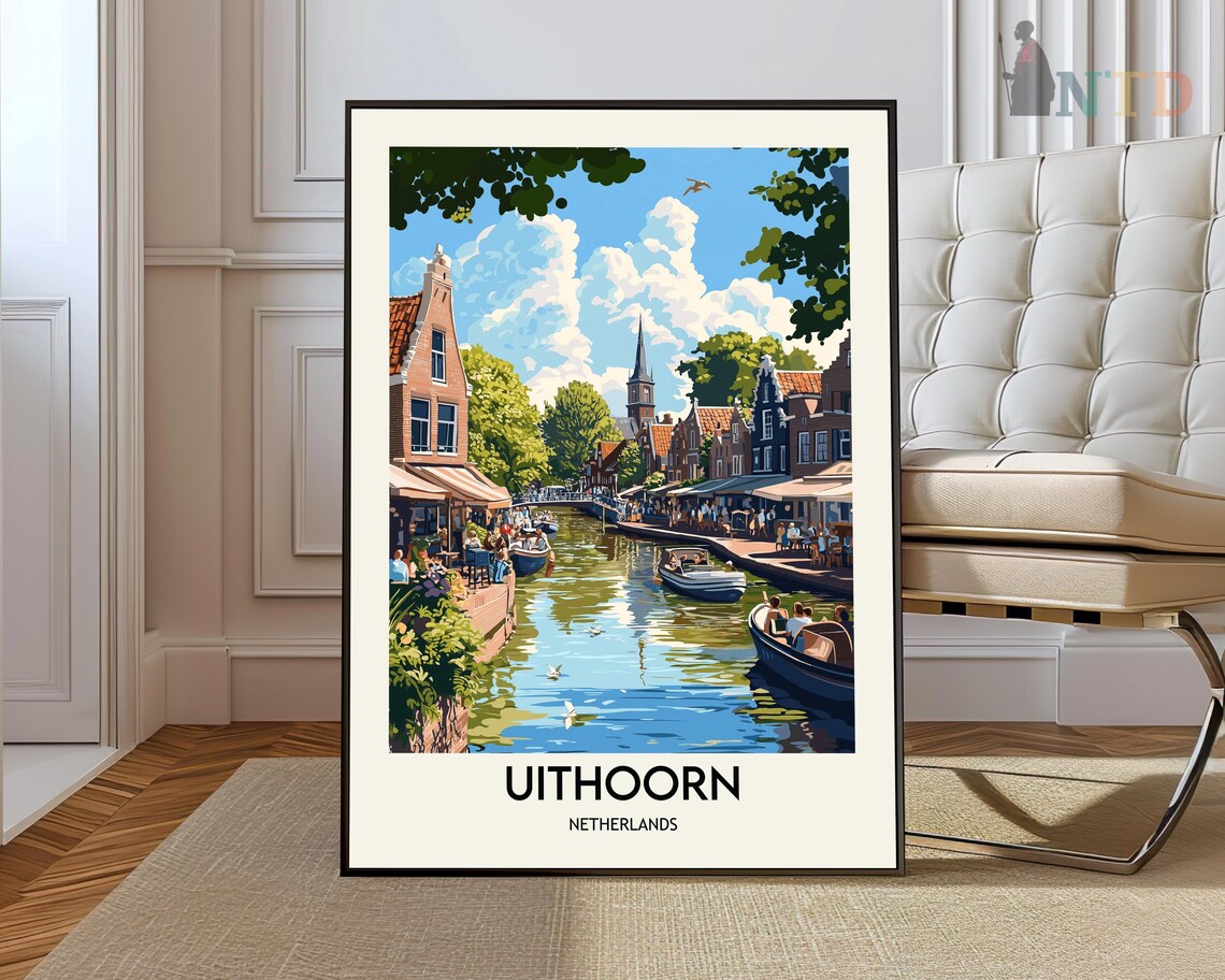 Uithoorn Netherlands Canal Boats Village Scene Travel Poster