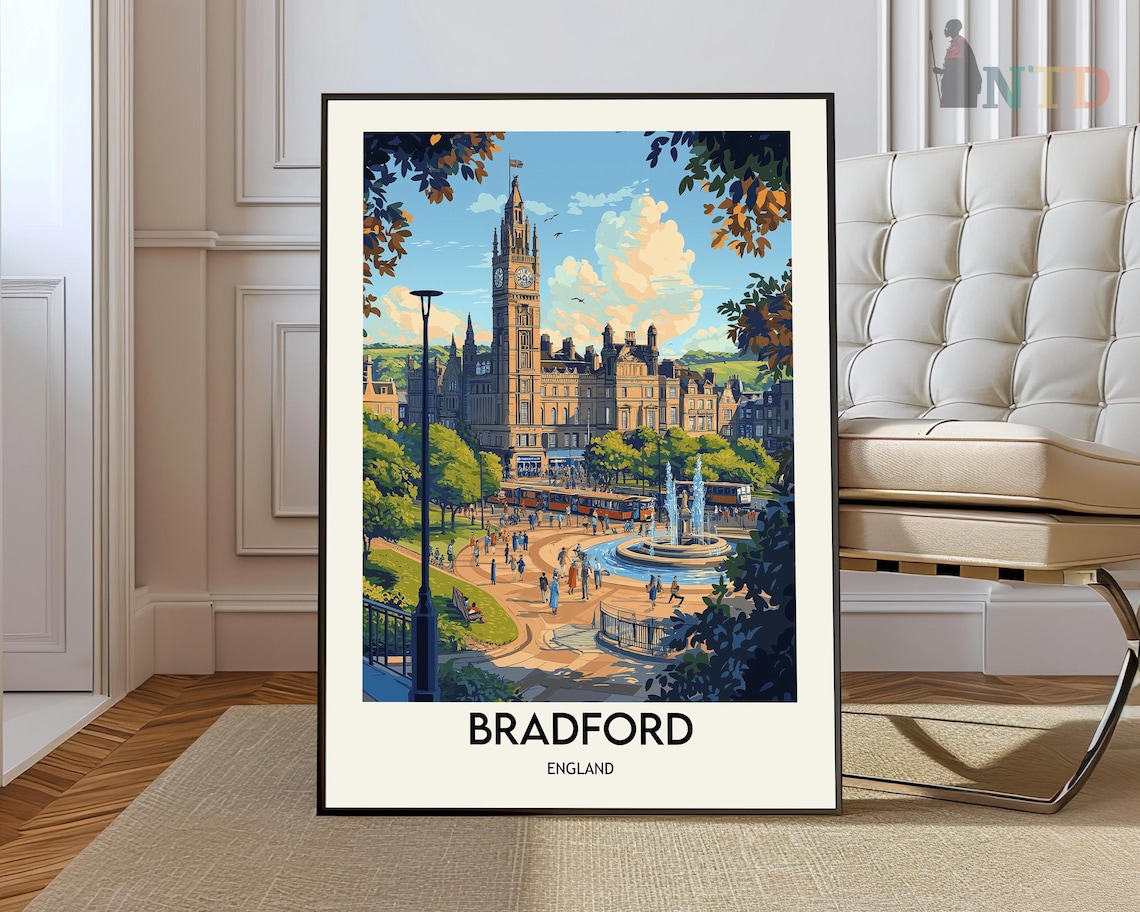 Bradford England City Hall Clock Tower Vintage Travel Poster