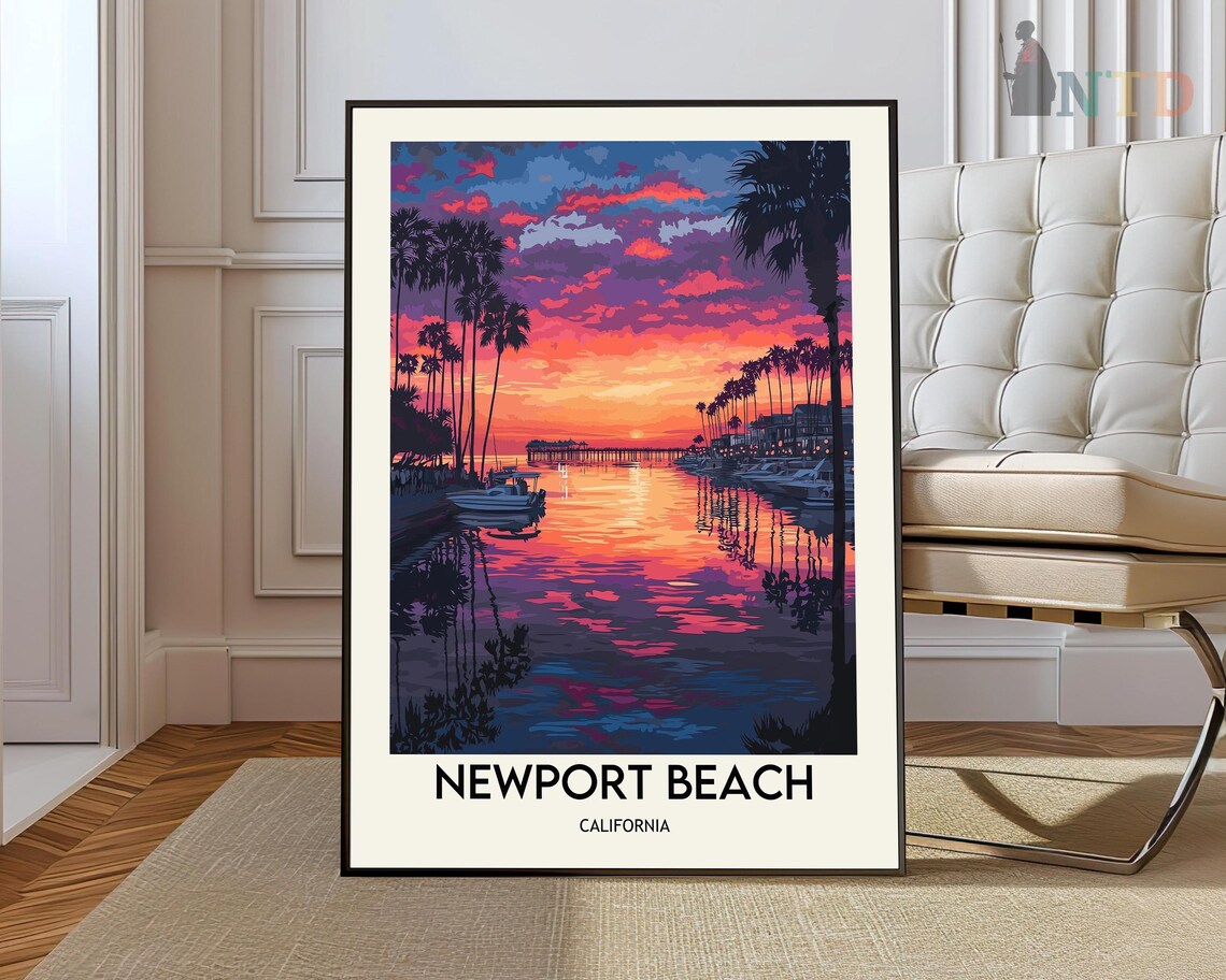 Newport Beach California Harbor Sunset Palm Vintage Travel Poster