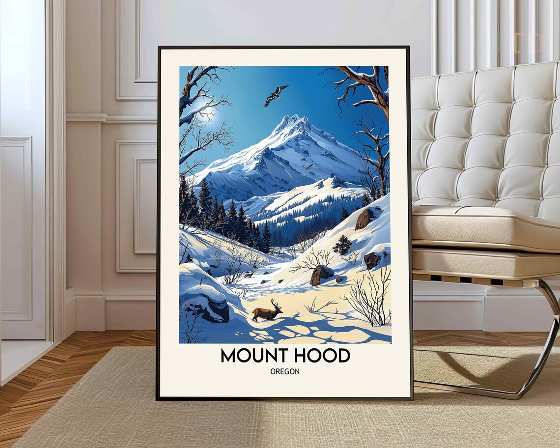 Mount Hood Oregon Snow Capped Peak Elk Winter Scene Travel Poster