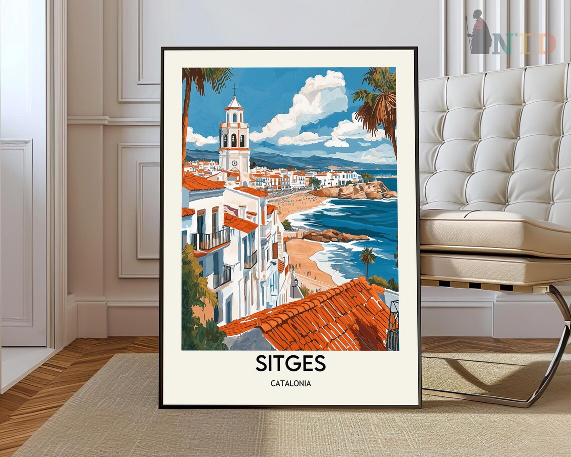 Sitges Catalonia Beach Town and Church Retro Travel Art Poster