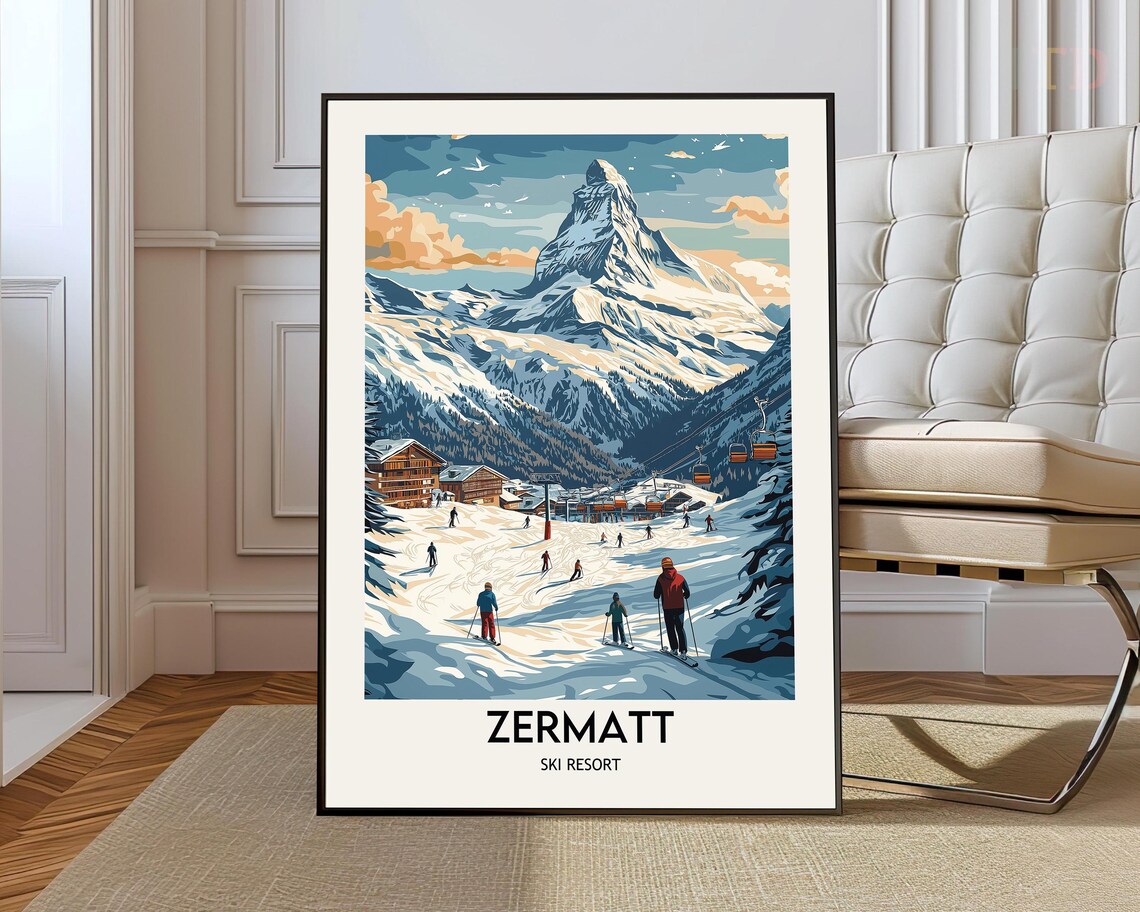 Zermatt Ski Resort Poster Matterhorn Skiers Slopes Village Winter Art