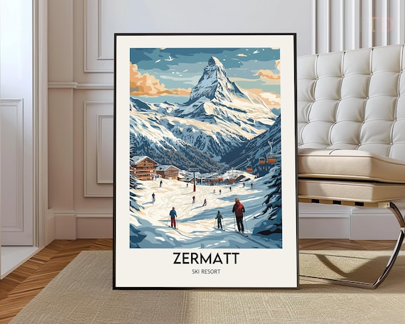 Zermatt Ski Resort Poster Matterhorn Skiers Slopes Village Winter Art