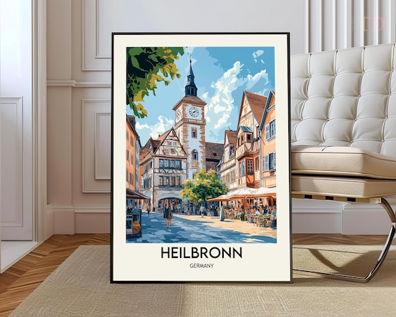 Heilbronn Germany Travel Poster Historic Town Hall Clock Tower
