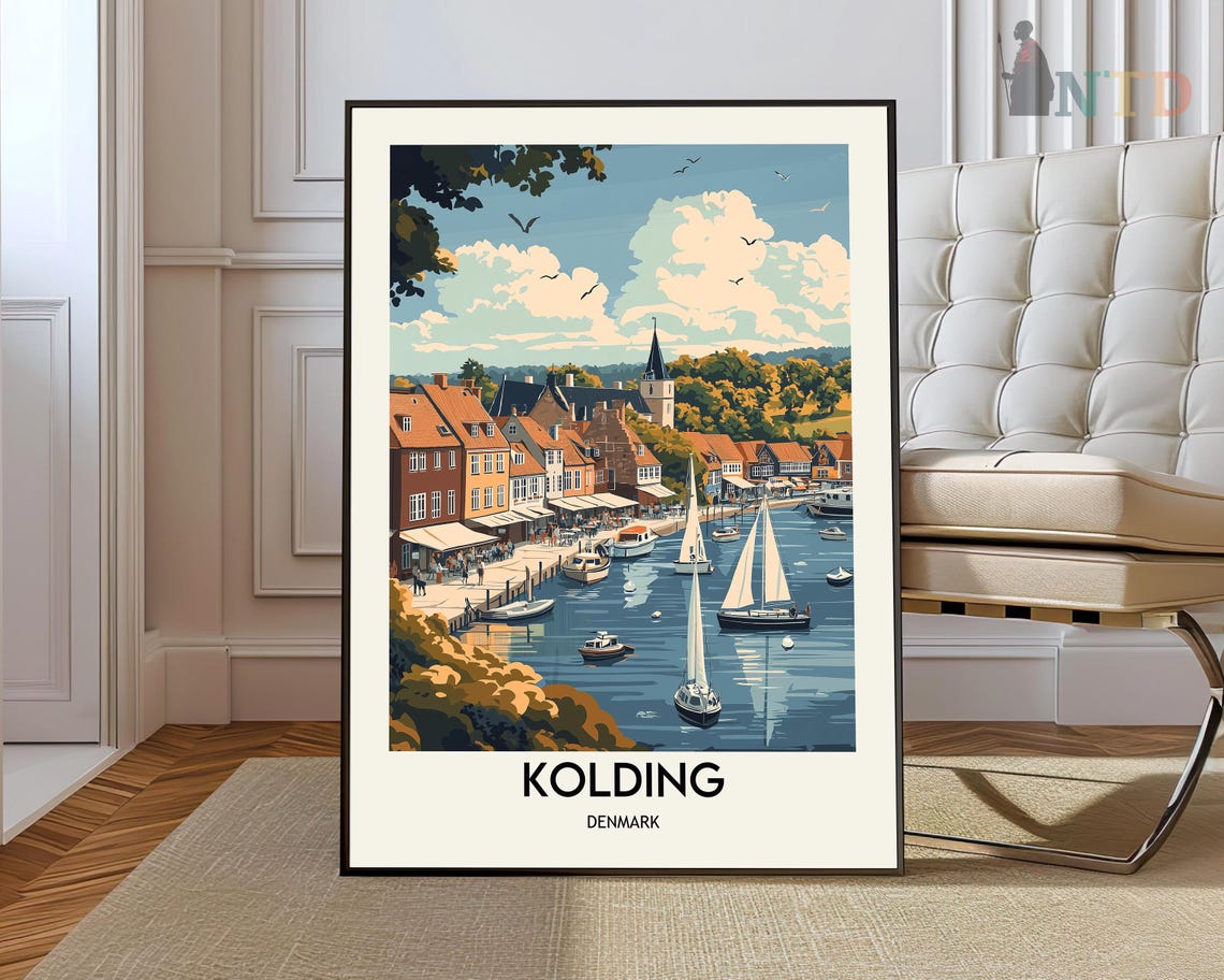 Kolding Denmark Harbor Travel Poster with Sailboats and Quay